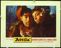 8j070 ATTILA LC #8 '58 close up of Anthony Quinn & Sophia Loren both heavily made up!