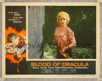8j087 BLOOD OF DRACULA LC #4 '57 close up of scared pretty Shirley Delancey holding shovel!