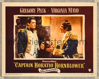 8j121 CAPTAIN HORATIO HORNBLOWER LC #2 '51 c/u of officer Gregory Peck with man with bad hair!