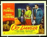 8j151 CRY DANGER LC #7 '51 close up of Dick Powell staring at pretty Rhonda Fleming, film noir!