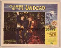8j155 CURSE OF THE UNDEAD LC #2 '59 close up of man about to stab kissing lovers under tree!