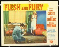 8j277 FLESH & FURY LC #7 '52 sexy Jan Sterling holding gun standing over Tony Curtis!