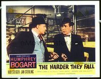 8j343 HARDER THEY FALL LC '56 close up of sleazy Rod Steiger with Humphrey Bogart by boxing ring!