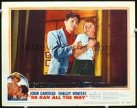 8j346 HE RAN ALL THE WAY LC #3 '51 close up of John Garfield & Shelley Winters by broken window!