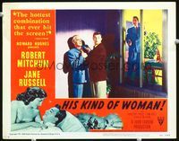 8j358 HIS KIND OF WOMAN LC #4 '51 Robert Mitchum grabs one guy as another holds a gun on him!