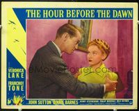 8j372 HOUR BEFORE THE DAWN LC #5 '44 Franchot Tone grabs Nazi spy Veronica Lake by her shoulders!
