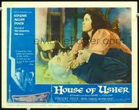 8j373 HOUSE OF USHER LC #7 '60 Myrna Fahey chokes Vincent Price, Edgar Allan Poe