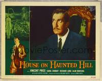 8j375 HOUSE ON HAUNTED HILL LC #5 '59 best close up of Vincent Price seated in chair!