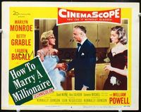 8j377 HOW TO MARRY A MILLIONAIRE LC #2 '53 c/u of sexy Marilyn Monroe with glasses, Lauren Bacall