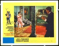 8j378 HOW TO STEAL A MILLION LC #8 '66 scared Audrey Hepburn holds gun on Peter O'Toole!