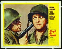 8j428 KINGS GO FORTH LC #2 '58 close up of soldier Frank Sinatra with gun at Tony Curtis' head!