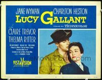 8j486 LUCY GALLANT LC #8 '55 close up of cowboy Charlton Heston nuzzling Jane Wyman's hair!