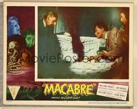 8j491 MACABRE LC #8 '58 William Castle, close up of guys snooping around huge stone tomb!