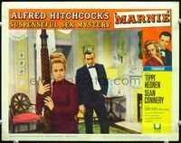 8j513 MARNIE LC #2 '64 Sean Connery in tuxedo with Tippi Hedren in bedroom, Alfred Hitchcock