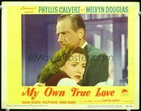 8j552 MY OWN TRUE LOVE LC #7 '49 close up of Melvyn Douglas hugging Phyllis Calvert!