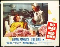 8j574 NO MAN OF HER OWN LC #5 '50 Barbara Stanwyck is shown her gift by a nurse in the hospital!