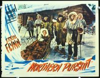 8j579 NORTHERN PURSUIT LC '43 Mountie Errol Flynn outside with Julie Bishop all bundled up on sled!