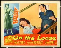 8j586 ON THE LOOSE LC #5 '51 c/u of Melvyn Douglas slapping bad girl Joan Evans on stairs!