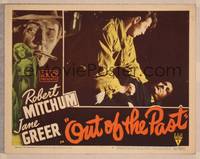 8j602 OUT OF THE PAST LC #2 '47 close up of tough Robert Mitchum punching man on ground!