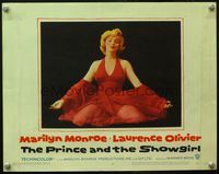 8j626 PRINCE & THE SHOWGIRL LC #8 '57 classic c/u of sexiest Marilyn Monroe kneeling in red dress!
