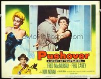 8j636 PUSHOVER LC '54 Fred MacMurray in trenchcoat covers sexy Dorothy Malone's mouth!