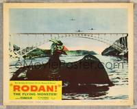 8j655 RODAN LC #2 '56 great image of The Flying Monster emerging from water by bridge!
