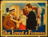 8j681 SHE LOVED A FIREMAN LC '37 Robert Armstrong is angry at Dick Foran & Ann Sheridan!