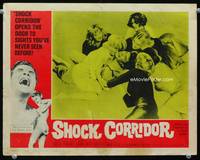 8j684 SHOCK CORRIDOR LC #5 '63 Sam Fuller, wacky close up of Breck attacked by pretty girls!
