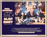 8j691 SLAP SHOT LC #4 '77 close up of hockey players Paul Newman & his teammates in the box!