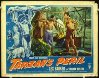 8j728 TARZAN'S PERIL LC #8 '51 close up of Lex Barker confronting native with spear!