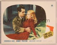 8j739 THIS GUN FOR HIRE LC '42 great image of Alan Ladd with gun & sexy Veronica Lake!