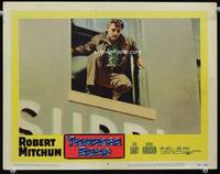 8j741 THUNDER ROAD LC #6 '58 bootlegger Robert Mitchum about to jump from window!