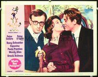 8j774 WHAT'S NEW PUSSYCAT LC #1 '65 Woody Allen eating banana as O'Toole nuzzles Romy Schneider!