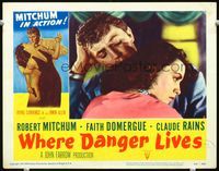 8j778 WHERE DANGER LIVES LC #2 '50 super close up of Robert Mitchum & sexy Faith Domergue!
