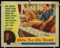 8j780 WHILE THE CITY SLEEPS LC #5 '56 Fritz Lang noir, Vincent Price gives Fleming a rub down!!