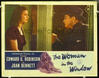8j791 WOMAN IN THE WINDOW LC '44 Fritz Lang, c/u of Edward G. Robinson looking at Joan Bennett!