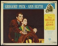 8j794 WORLD IN HIS ARMS LC #7 '52 close up of Gregory Peck & Ann Blyth at ship's wheel!
