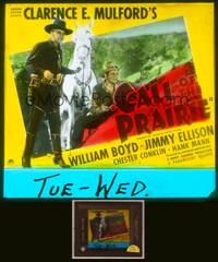 8k026 CALL OF THE PRAIRIE glass slide '36 art of Boyd as Hopalong Cassidy leading horse!