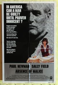 8m011 ABSENCE OF MALICE 1sh '81 Paul Newman, Sally Field, Sydney Pollack, cool design!