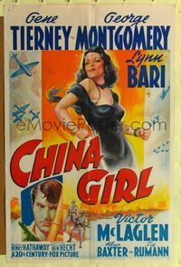 8m126 CHINA GIRL 1sh '42 sexiest art of Gene Tierney, George Montgomery!