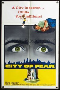 8m134 CITY OF FEAR 1sh '59 crazy Vince Edwards, cool eyes over L.A. skyline image!
