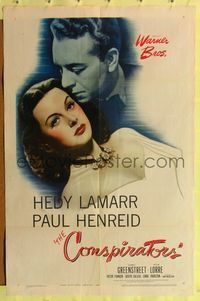 8m156 CONSPIRATORS 1sh '44 freedom fighter Paul Henreid nuzzles the hair of sexy Hedy Lamarr!