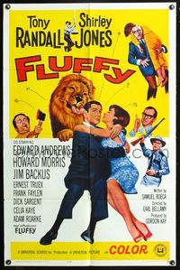 8m251 FLUFFY 1sh '65 great image of huge lion licking Tony Randall who's with sexy Shirley Jones!