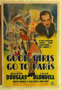 8m277 GOOD GIRLS GO TO PARIS 1sh '39 cool art of sexy Joan Blondell & Melvyn Douglas!