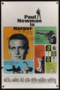 8m307 HARPER 1sh '66 Paul Newman has many fights, sexy Pamela Tiffin, great design!