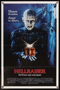 8m322 HELLRAISER 1sh '87 Clive Barker horror, great image of Pinhead, he'll tear your soul apart!