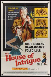 8m347 HOUSE OF INTRIGUE 1sh '59 cool artwork of spies Curt Jurgens & Dawn Addams!