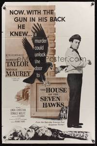 8m348 HOUSE OF THE SEVEN HAWKS 1sh '59 treasure hunter Robert Taylor with gun in his back!