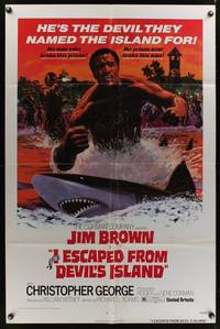 8m358 I ESCAPED FROM DEVIL'S ISLAND 1sh '73 cool art of Jim Brown swimming w/sharks!