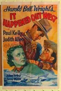 8m385 IT HAPPENED OUT WEST 1sh '37 Paul Kelly, Harold Bell Wright, cool cowboy art!